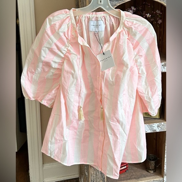Tuckernuck Tops - The Shirt Rochelle Behrens Pink and Cream Striped Blouse top bohemian med